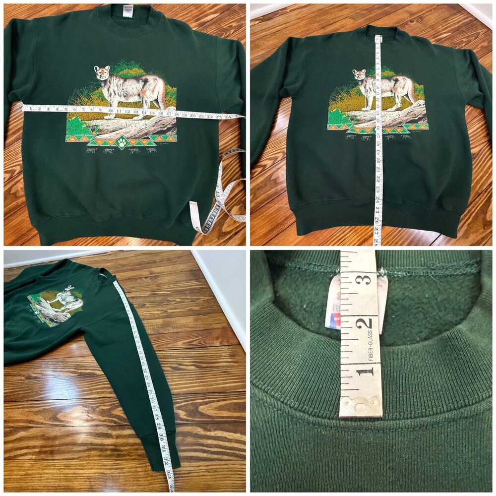 Vintage 90s Fruit of the Loom Panther Cougar Nature Graphic Sweatshirt Green - Picture 7 of 7